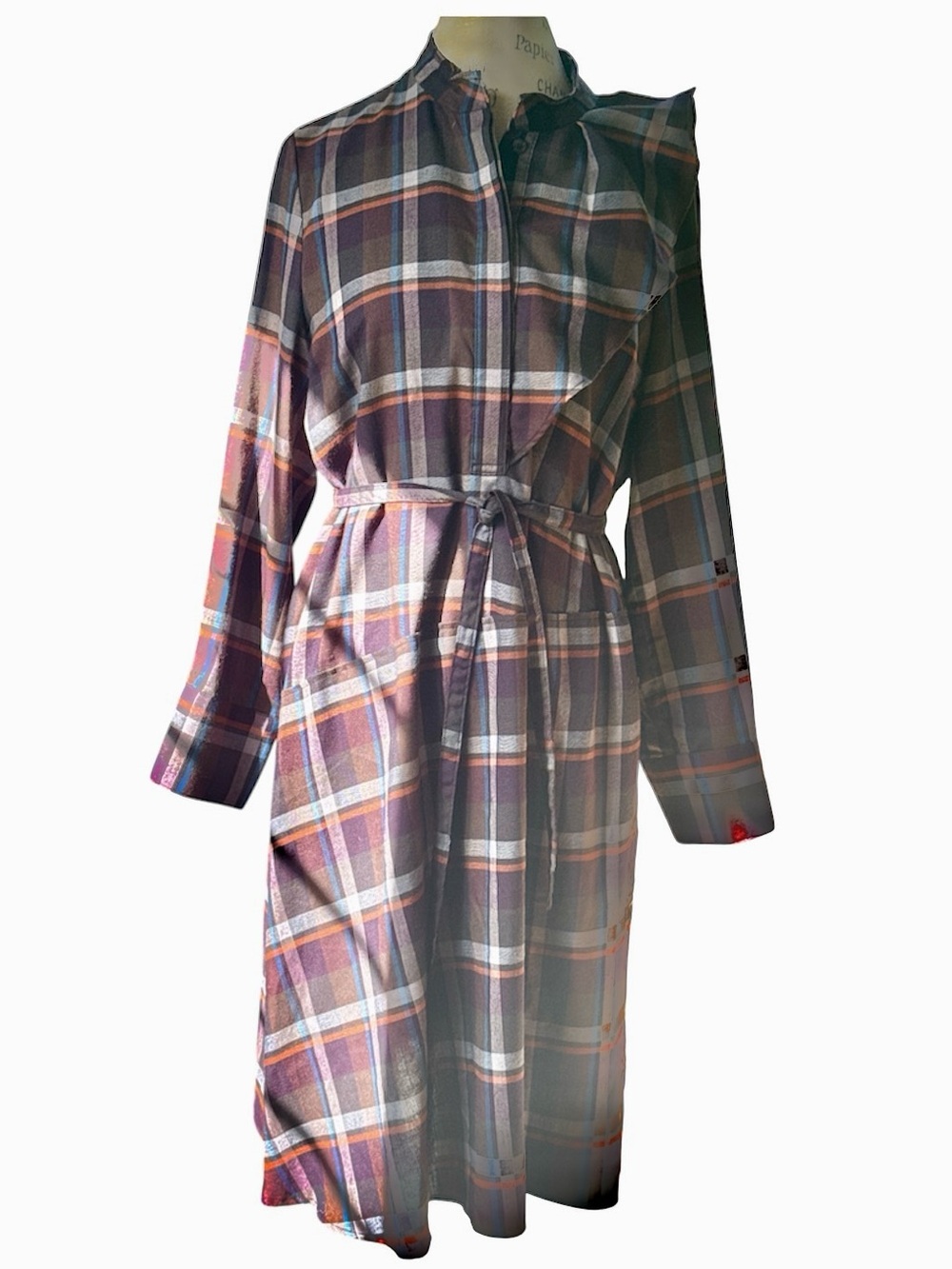 Châtelaine Voyage Collection side ruffle flannel shirt dress long sleeve M